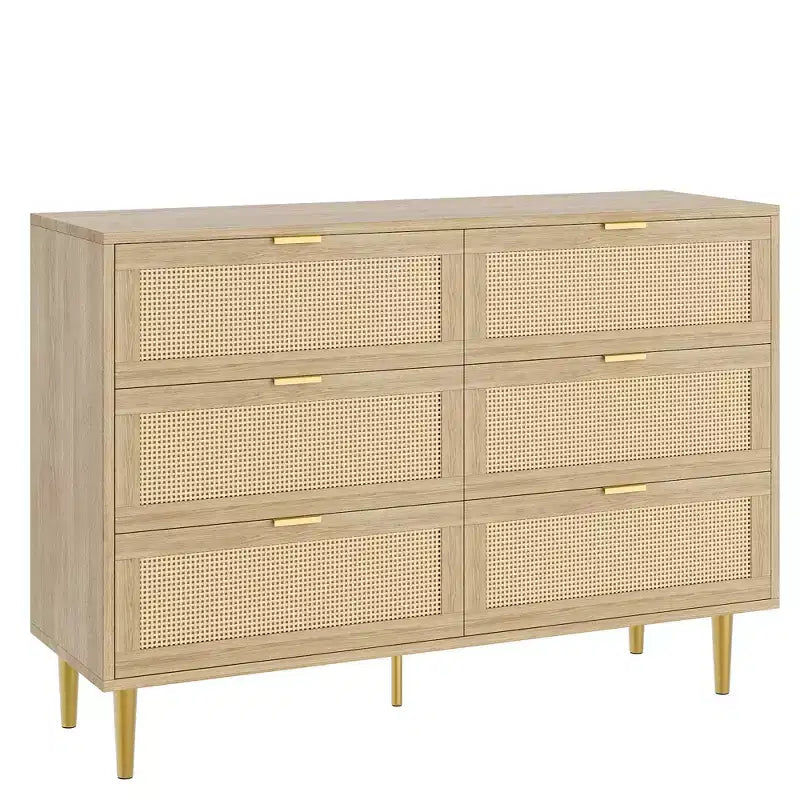 Acekool Rattan 6 Drawer Dresser Modern Chest with Gold Legs & Handles Wide Double Dresser Anti-Tip for Bedroom & Living Room