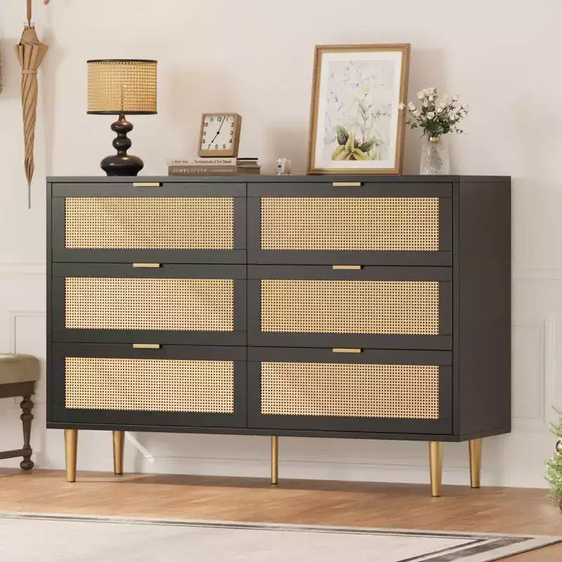 Acekool Rattan 6 Drawer Dresser Modern Chest with Gold Legs & Handles Wide Double Dresser Anti-Tip for Bedroom & Living Room