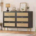 Acekool Rattan 6 Drawer Dresser Modern Chest with Gold Legs & Handles Wide Double Dresser Anti-Tip for Bedroom & Living Room
