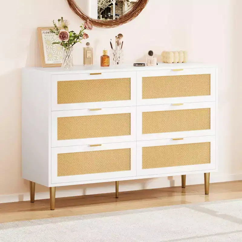 Acekool Rattan 6 Drawer Dresser Modern Chest with Gold Legs & Handles Wide Double Dresser Anti-Tip for Bedroom & Living Room