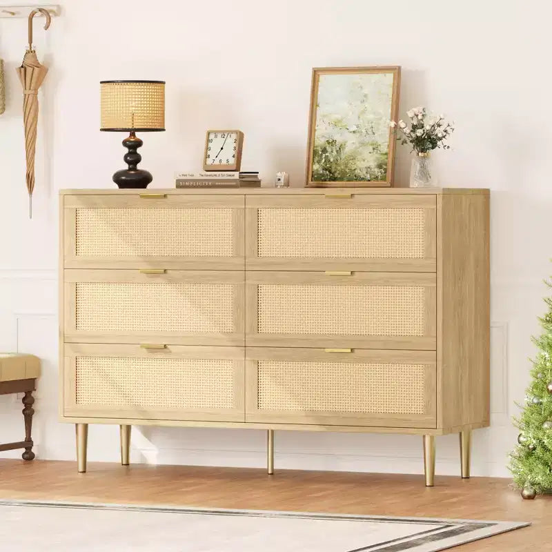 Acekool Rattan 6 Drawer Dresser Modern Chest with Gold Legs & Handles Wide Double Dresser Anti-Tip for Bedroom & Living Room
