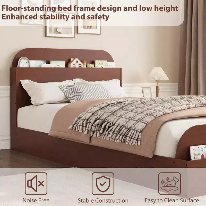 Twin Size Bed Frame Heavy Duty Wood Slats with Storage Headboard and Raised-Foodboard No Box Spring Needed Easy Assembly for boys and girls