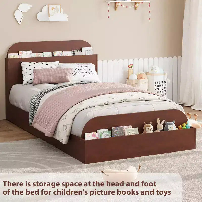 Twin Size Bed Frame Heavy Duty Wood Slats with Storage Headboard and Raised-Foodboard No Box Spring Needed Easy Assembly for boys and girls