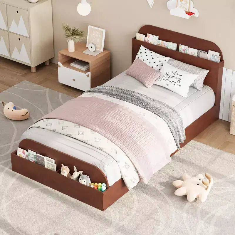 Twin Size Bed Frame Heavy Duty Wood Slats with Storage Headboard and Raised-Foodboard No Box Spring Needed Easy Assembly for boys and girls