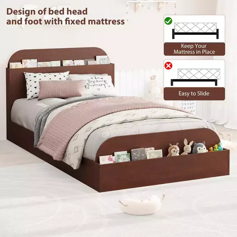 Twin Size Bed Frame Heavy Duty Wood Slats with Storage Headboard and Raised-Foodboard No Box Spring Needed Easy Assembly for boys and girls