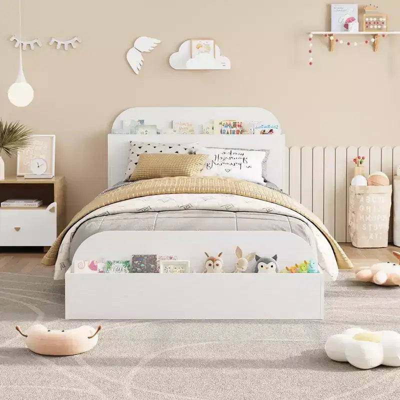 Twin Size Bed Frame Heavy Duty Wood Slats with Storage Headboard and Raised-Foodboard No Box Spring Needed Easy Assembly for boys and girls