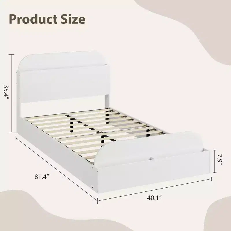 Twin Size Bed Frame Heavy Duty Wood Slats with Storage Headboard and Raised-Foodboard No Box Spring Needed Easy Assembly for boys and girls