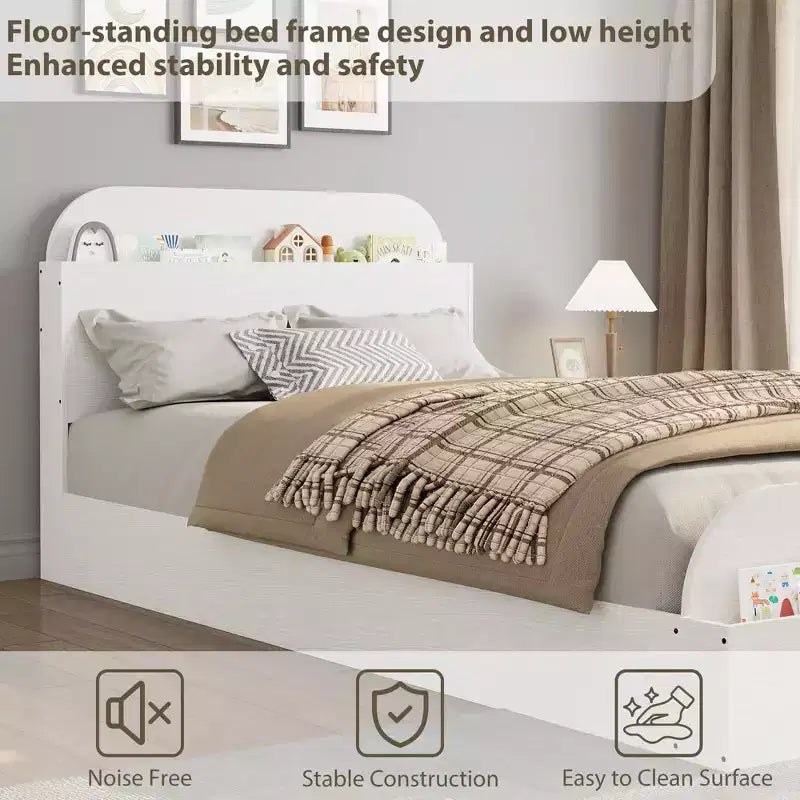 Twin Size Bed Frame Heavy Duty Wood Slats with Storage Headboard and Raised-Foodboard No Box Spring Needed Easy Assembly for boys and girls