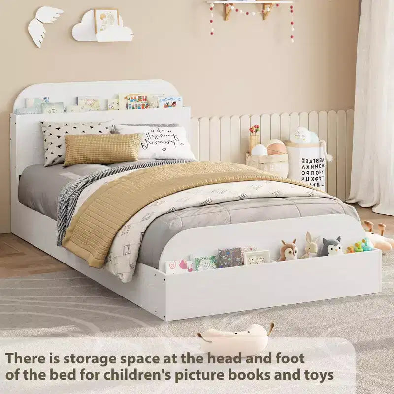 Twin Size Bed Frame Heavy Duty Wood Slats with Storage Headboard and Raised-Foodboard No Box Spring Needed Easy Assembly for boys and girls
