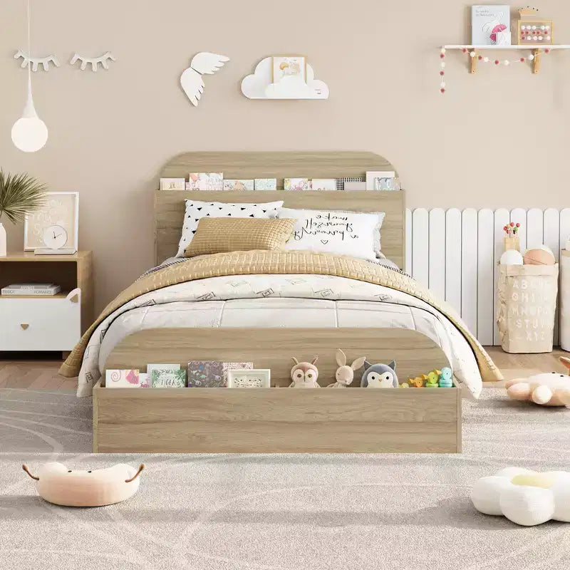 Twin Size Bed Frame Heavy Duty Wood Slats with Storage Headboard and Raised-Foodboard No Box Spring Needed Easy Assembly for boys and girls