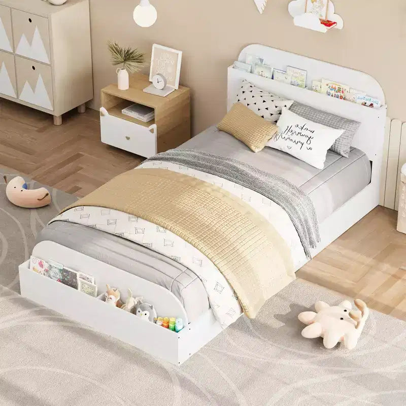 Twin Size Bed Frame Heavy Duty Wood Slats with Storage Headboard and Raised-Foodboard No Box Spring Needed Easy Assembly for boys and girls