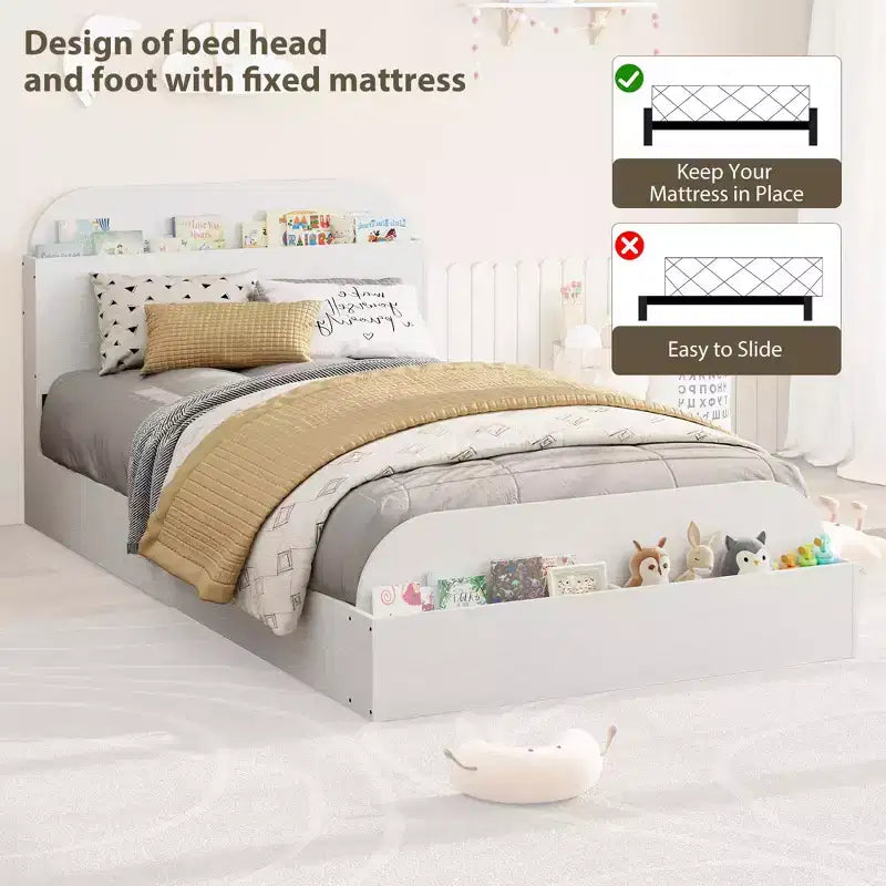 Twin Size Bed Frame Heavy Duty Wood Slats with Storage Headboard and Raised-Foodboard No Box Spring Needed Easy Assembly for boys and girls