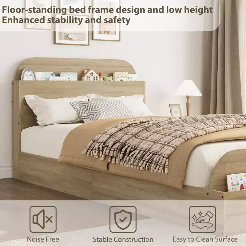 Twin Size Bed Frame Heavy Duty Wood Slats with Storage Headboard and Raised-Foodboard No Box Spring Needed Easy Assembly for boys and girls