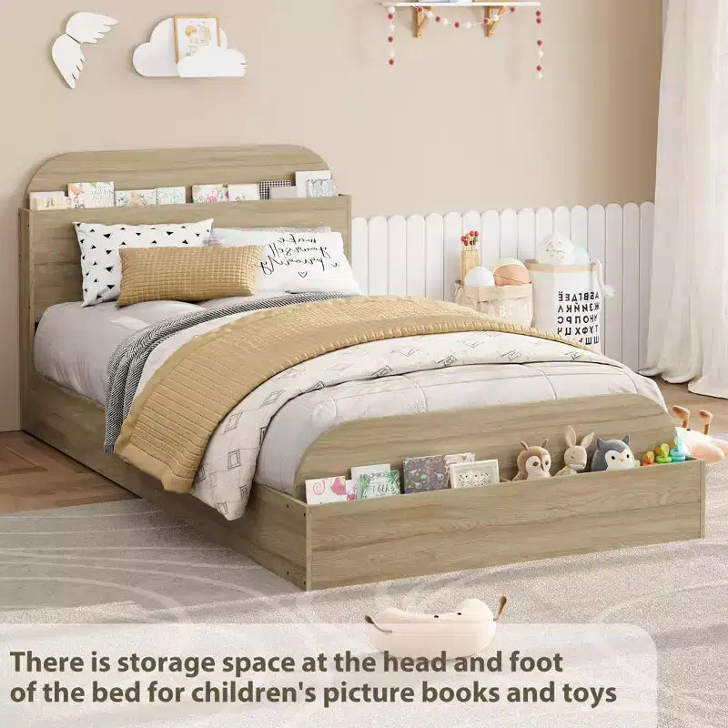 Twin Size Bed Frame Heavy Duty Wood Slats with Storage Headboard and Raised-Foodboard No Box Spring Needed Easy Assembly for boys and girls