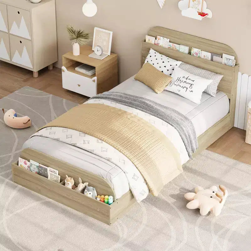 Twin Size Bed Frame Heavy Duty Wood Slats with Storage Headboard and Raised-Foodboard No Box Spring Needed Easy Assembly for boys and girls