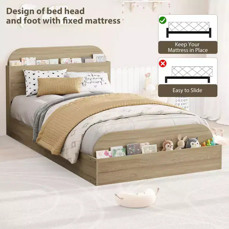 Twin Size Bed Frame Heavy Duty Wood Slats with Storage Headboard and Raised-Foodboard No Box Spring Needed Easy Assembly for boys and girls