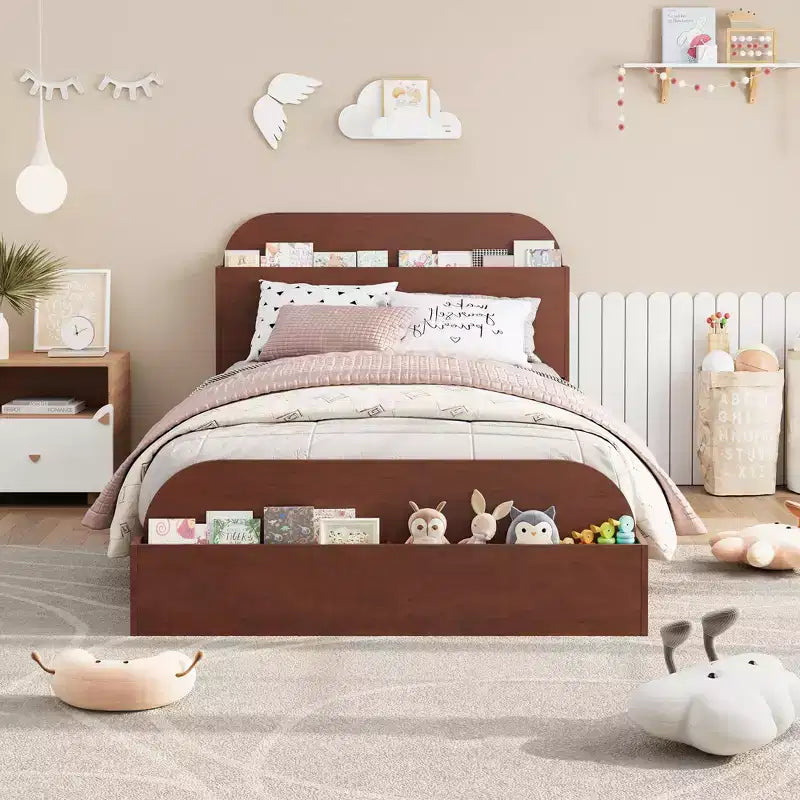 Twin Size Bed Frame Heavy Duty Wood Slats with Storage Headboard and Raised-Foodboard No Box Spring Needed Easy Assembly for boys and girls