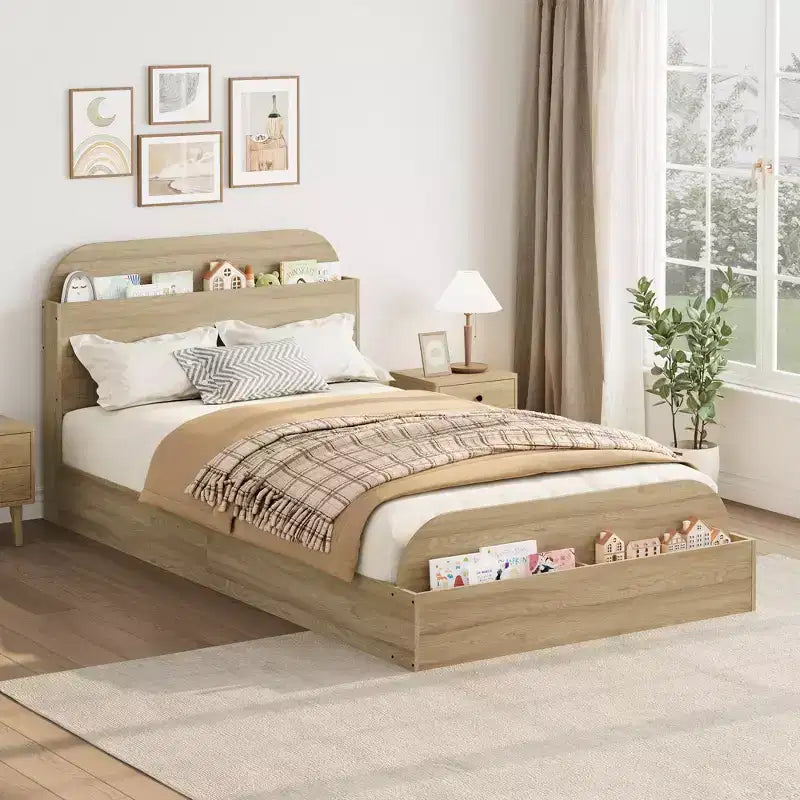 Twin Size Bed Frame Heavy Duty Wood Slats with Storage Headboard and Raised-Foodboard No Box Spring Needed Easy Assembly for boys and girls