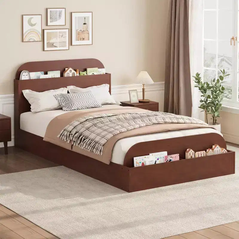Twin Size Bed Frame Heavy Duty Wood Slats with Storage Headboard and Raised-Foodboard No Box Spring Needed Easy Assembly for boys and girls