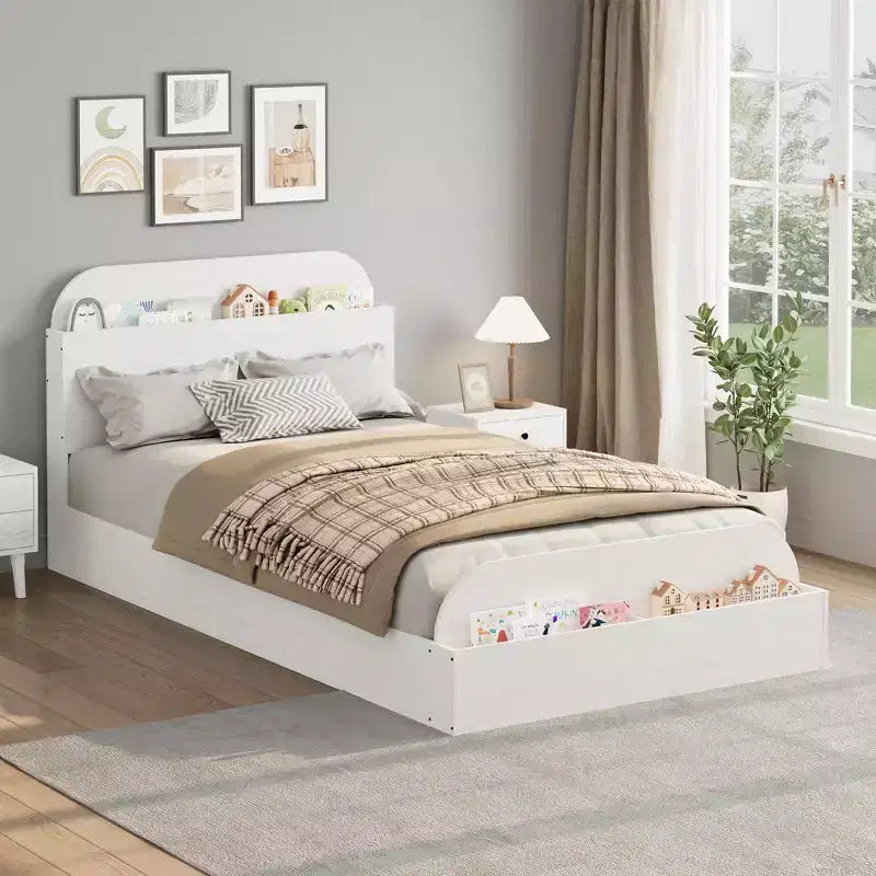 Twin Size Bed Frame Heavy Duty Wood Slats with Storage Headboard and Raised-Foodboard No Box Spring Needed Easy Assembly for boys and girls