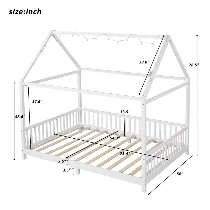 Okak Twin/Full House Floor Platform Bed with Guardrails Solid Wood Bed Frame for Kids Teens No Spring Box Needed