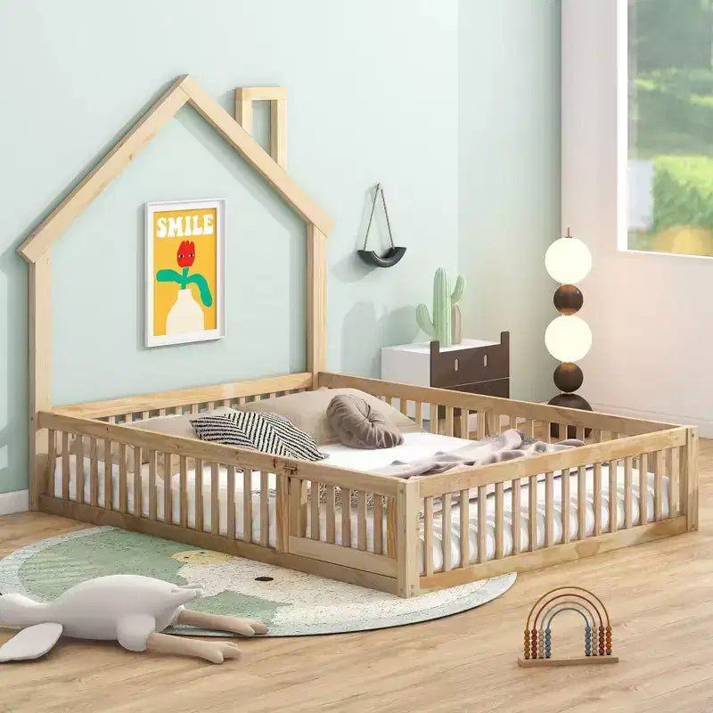 Okak Twin/Full House Floor Platform Bed with Guardrails Solid Wood Bed Frame for Kids Teens No Spring Box Needed