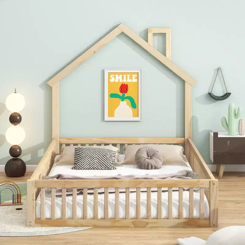 Okak Twin/Full House Floor Platform Bed with Guardrails Solid Wood Bed Frame for Kids Teens No Spring Box Needed