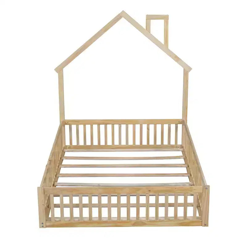 Okak Twin/Full House Floor Platform Bed with Guardrails Solid Wood Bed Frame for Kids Teens No Spring Box Needed
