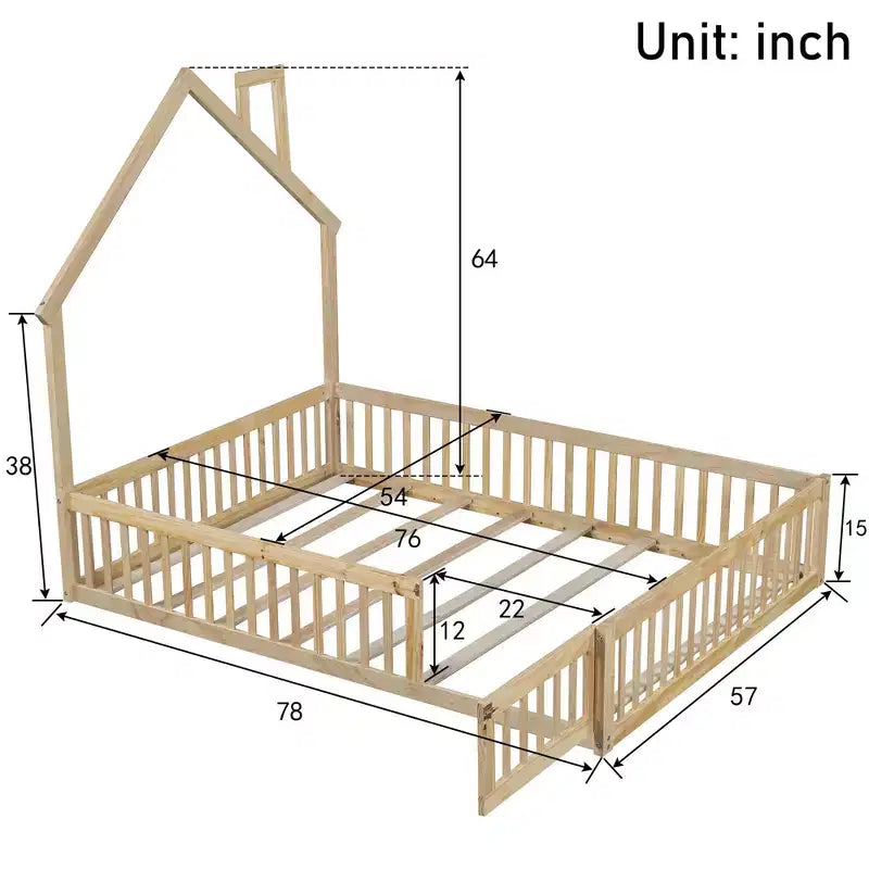 Okak Twin/Full House Floor Platform Bed with Guardrails Solid Wood Bed Frame for Kids Teens No Spring Box Needed