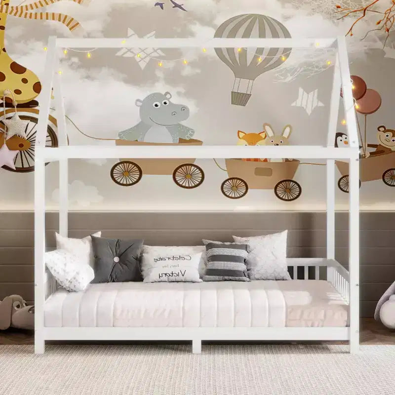 Okak Twin/Full House Floor Platform Bed with Guardrails Solid Wood Bed Frame for Kids Teens No Spring Box Needed