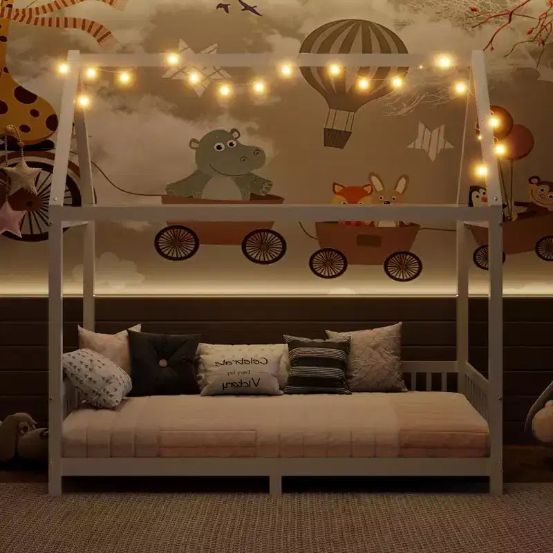 Okak Twin/Full House Floor Platform Bed with Guardrails Solid Wood Bed Frame for Kids Teens No Spring Box Needed