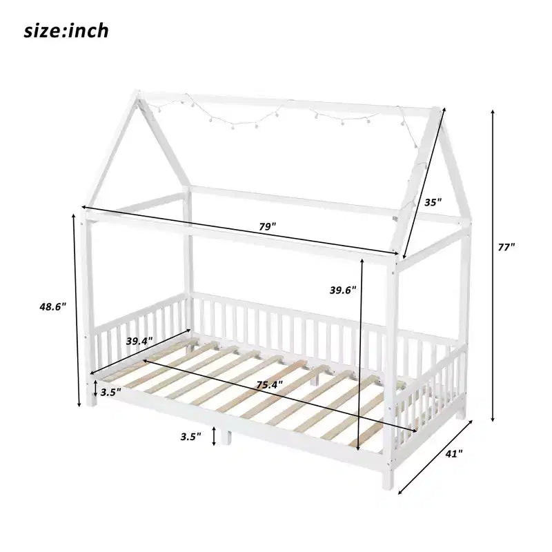 Okak Twin/Full House Floor Platform Bed with Guardrails Solid Wood Bed Frame for Kids Teens No Spring Box Needed