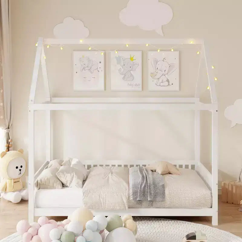 Okak Twin/Full House Floor Platform Bed with Guardrails Solid Wood Bed Frame for Kids Teens No Spring Box Needed