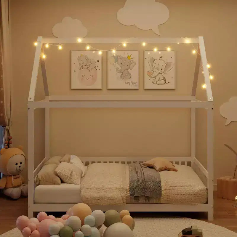 Okak Twin/Full House Floor Platform Bed with Guardrails Solid Wood Bed Frame for Kids Teens No Spring Box Needed