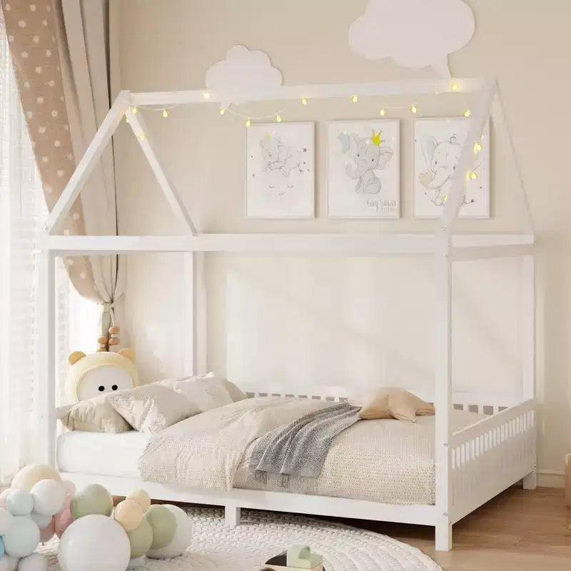 Okak Twin/Full House Floor Platform Bed with Guardrails Solid Wood Bed Frame for Kids Teens No Spring Box Needed