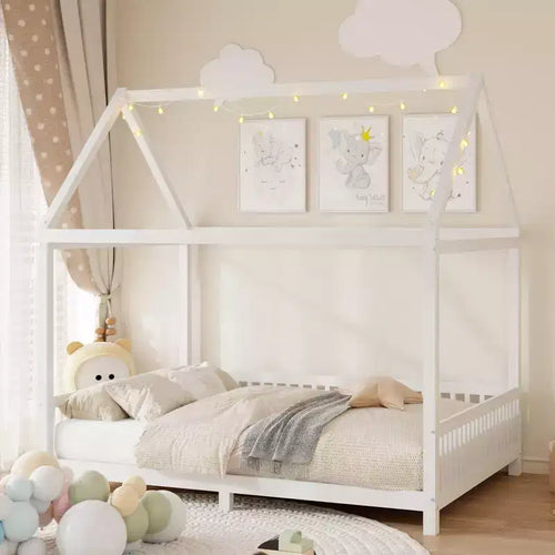 Okak Twin/Full House Floor Platform Bed with Guardrails Solid Wood Bed Frame for Kids Teens No Spring Box Needed