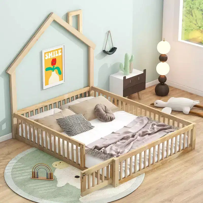 Okak Twin/Full House Floor Platform Bed with Guardrails Solid Wood Bed Frame for Kids Teens No Spring Box Needed
