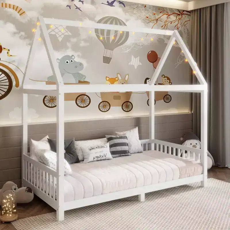 Okak Twin/Full House Floor Platform Bed with Guardrails Solid Wood Bed Frame for Kids Teens No Spring Box Needed