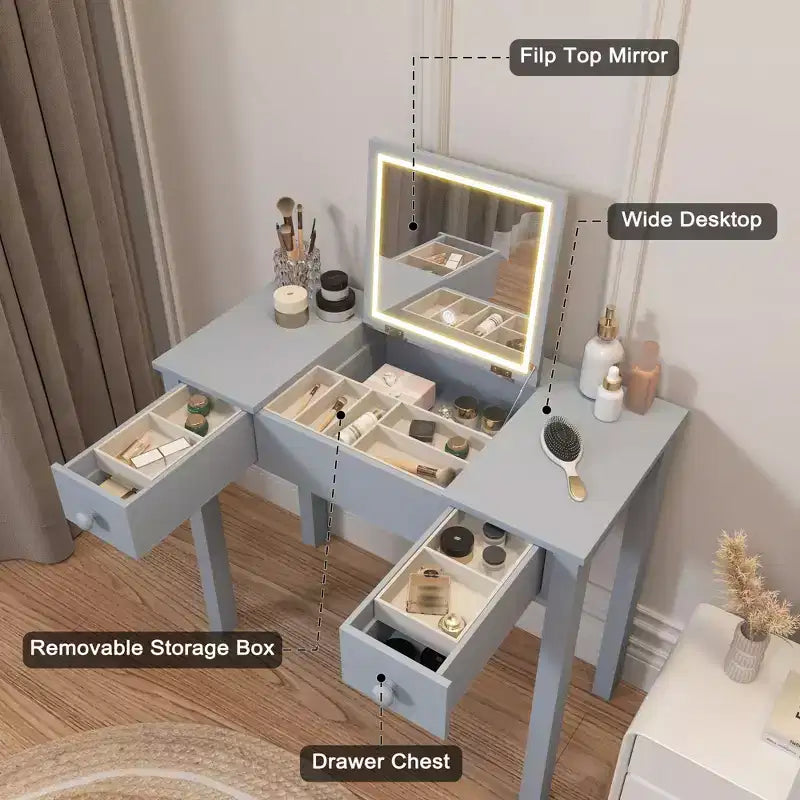 Okak Multifunctional Makeup Vanity with Flip-Top Mirror Vanity Table with 2 Drawers & 3 Removable Organizer Boxes Compact Vanity for Home