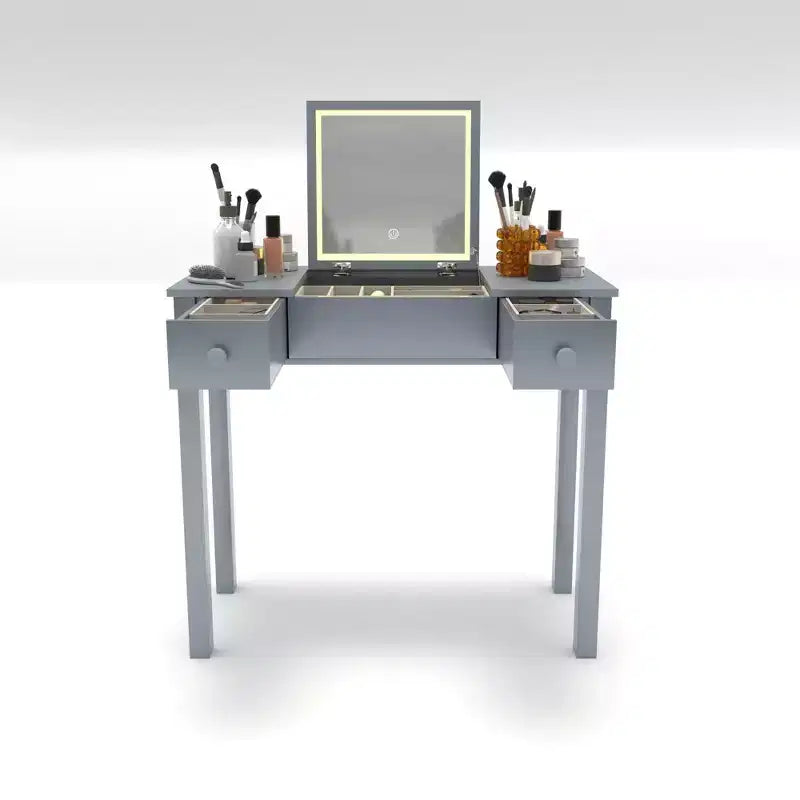 Okak Multifunctional Makeup Vanity with Flip-Top Mirror Vanity Table with 2 Drawers & 3 Removable Organizer Boxes Compact Vanity for Home