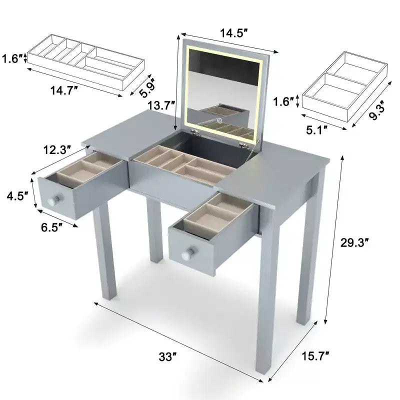 Okak Multifunctional Makeup Vanity with Flip-Top Mirror Vanity Table with 2 Drawers & 3 Removable Organizer Boxes Compact Vanity for Home