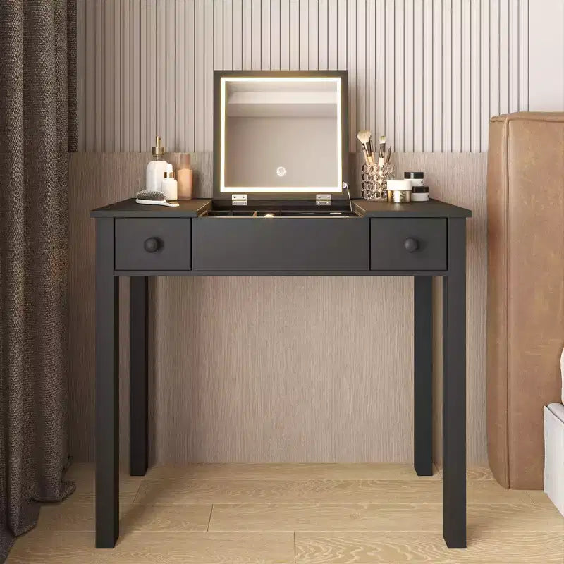 Okak Multifunctional Makeup Vanity with Flip-Top Mirror Vanity Table with 2 Drawers & 3 Removable Organizer Boxes Compact Vanity for Home