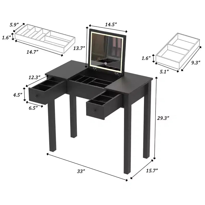 Okak Multifunctional Makeup Vanity with Flip-Top Mirror Vanity Table with 2 Drawers & 3 Removable Organizer Boxes Compact Vanity for Home