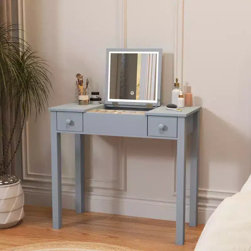 Okak Multifunctional Makeup Vanity with Flip-Top Mirror Vanity Table with 2 Drawers & 3 Removable Organizer Boxes Compact Vanity for Home