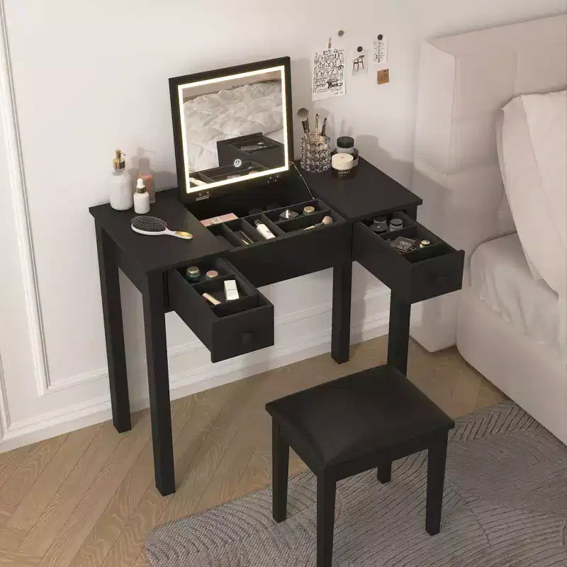 Okak Multifunctional Makeup Vanity with Flip-Top Mirror Vanity Table with 2 Drawers & 3 Removable Organizer Boxes Compact Vanity for Home