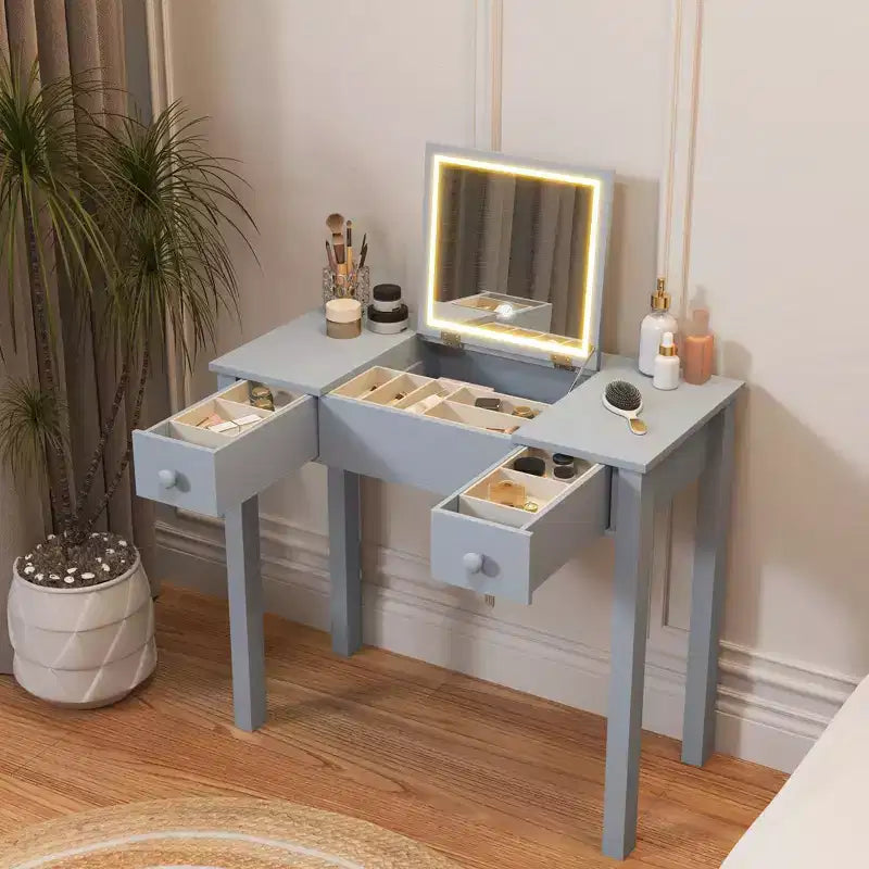 Okak Multifunctional Makeup Vanity with Flip-Top Mirror Vanity Table with 2 Drawers & 3 Removable Organizer Boxes Compact Vanity for Home