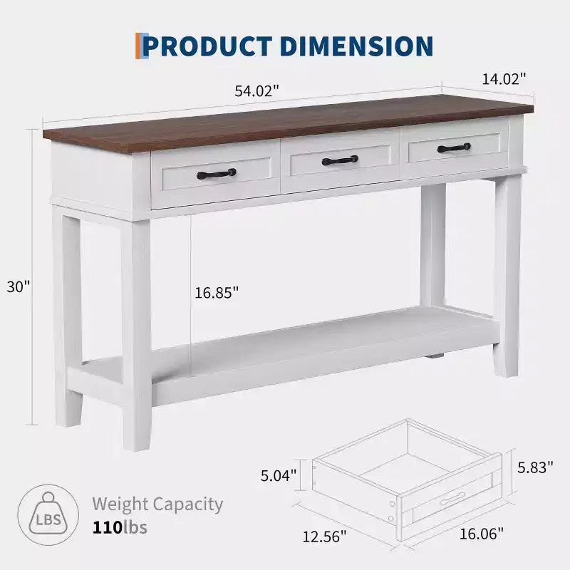 54 Entryway Table Console Table with 3 Storage Drawers 3-Tiered Country-Style Wooden Sofa Table Hallway Tables for Entryway Living Room