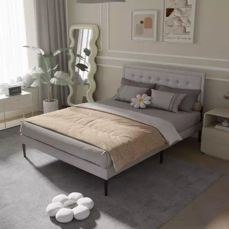 GDFStudio Vira Contemporary Iron Platform Bed Frame with Wooden Slats and Upholstered Headboard