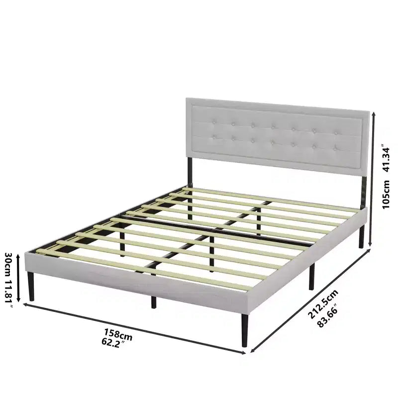 GDFStudio Vira Contemporary Iron Platform Bed Frame with Wooden Slats and Upholstered Headboard