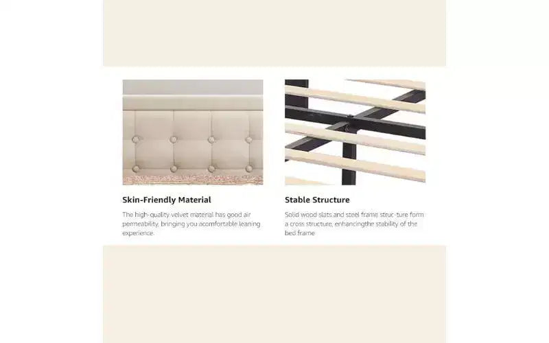 GDFStudio Vira Contemporary Iron Platform Bed Frame with Wooden Slats and Upholstered Headboard